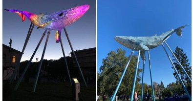 Фото – У Києві величезний кит із переробленого пластику став показувати якість повітря. Фото