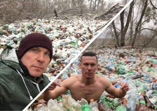 "Фото века": на Закарпатье экоактивист устроил перформанс в реке с мусором