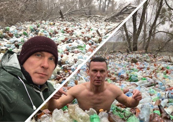"Фото століття": на Закарпатті екоактивіст влаштував перформанс у річці зі сміттям